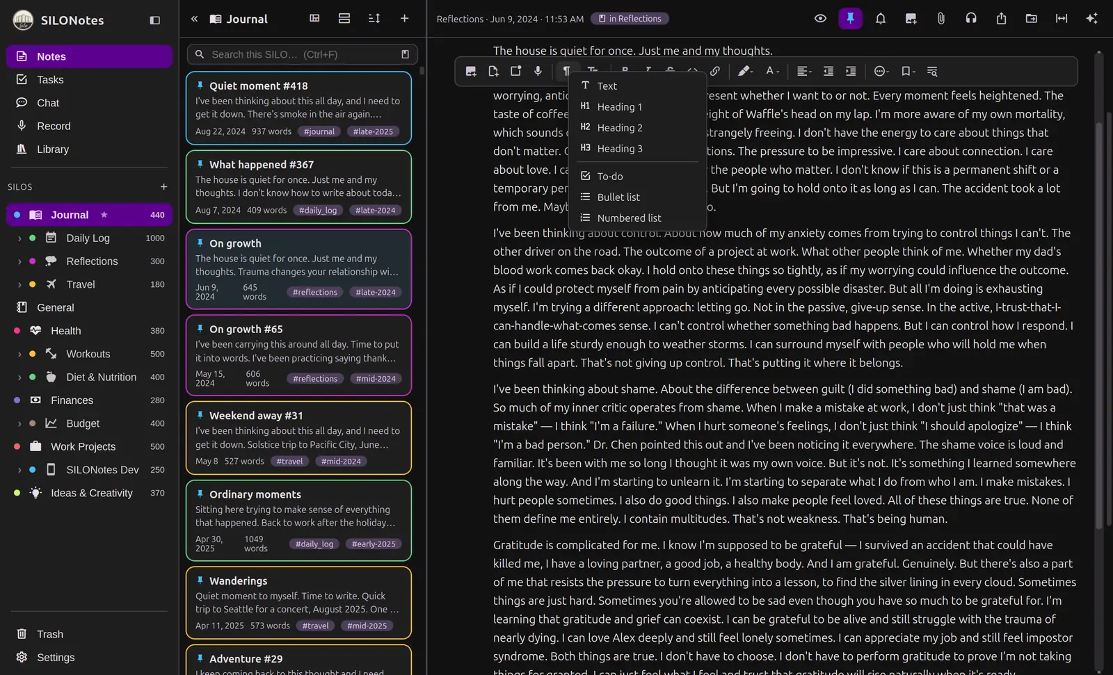 The block type menu open in the desktop editor