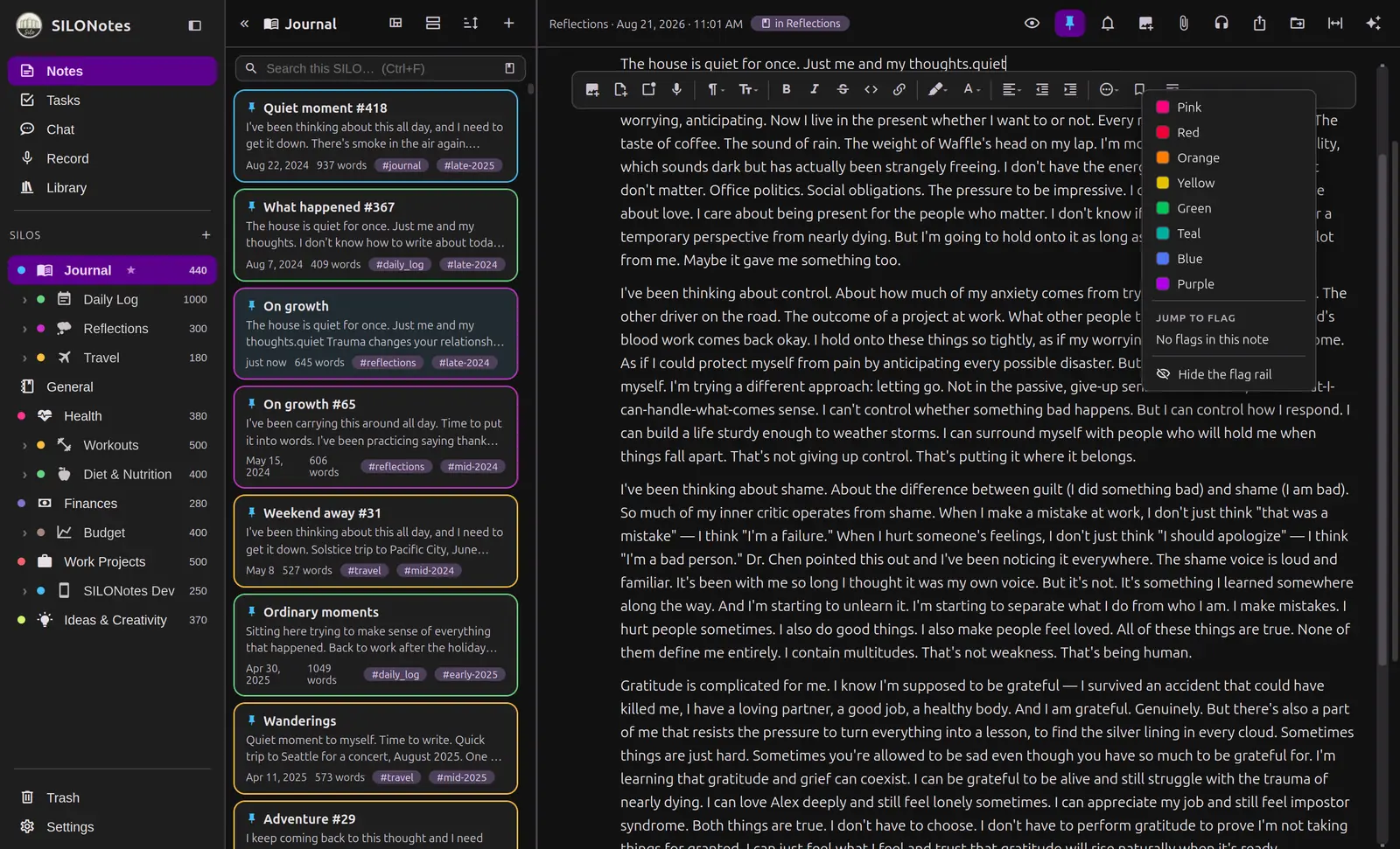 The find bar open inside a note with matches highlighted