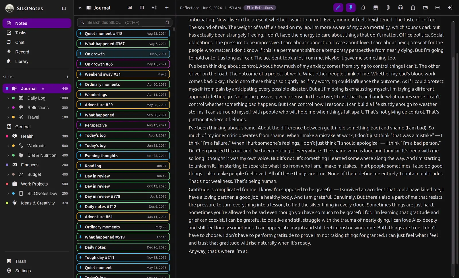 The note list in Compact Rows layout