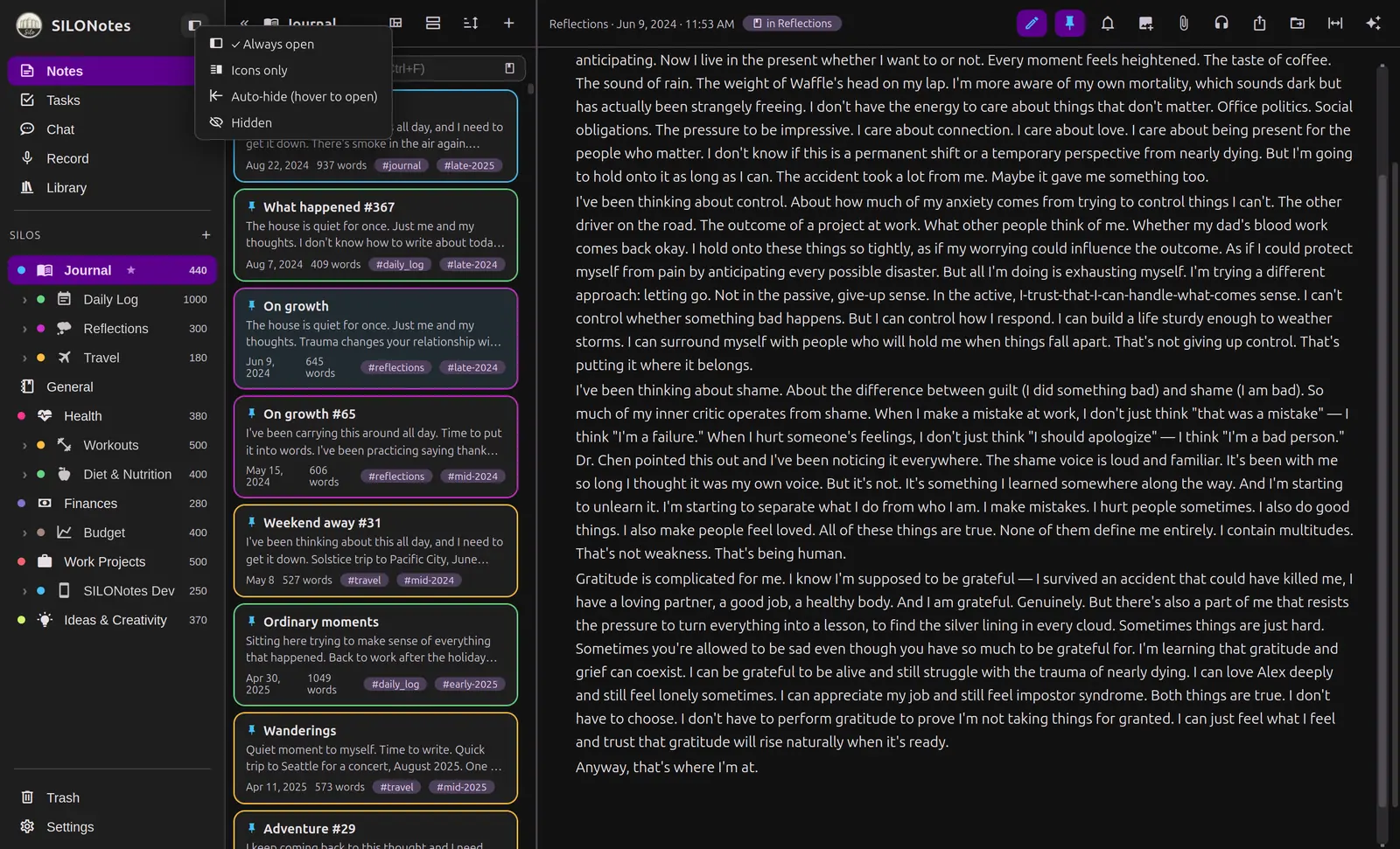 The sidebar options menu