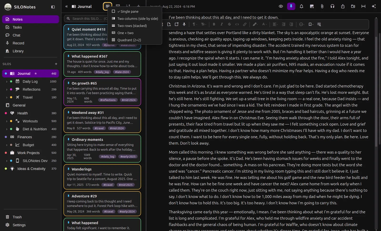 The split view menu showing the five available layouts