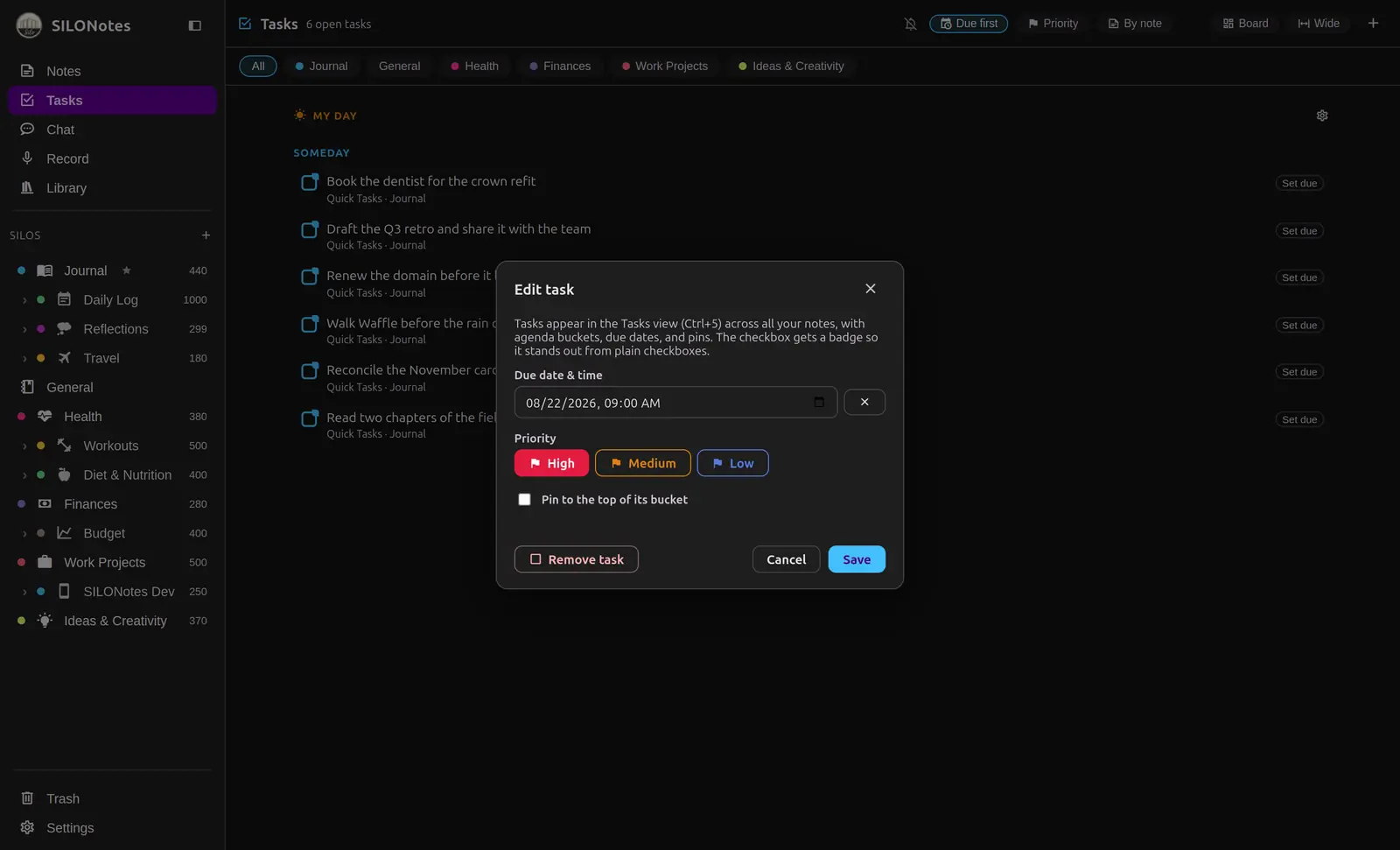 The Edit task dialog showing due date, priority and pin options
