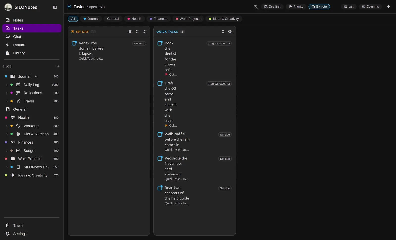 The tasks board layout with columns