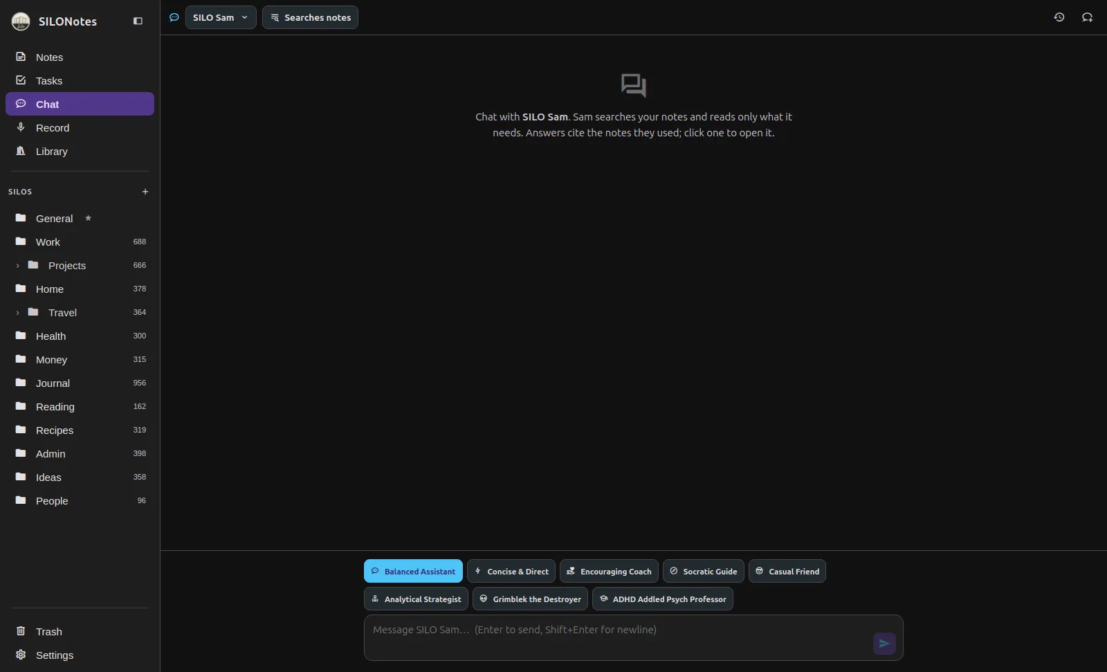 The Chat hub opened on SILO Sam, with the scope selector on the left and the tone chips along the bottom