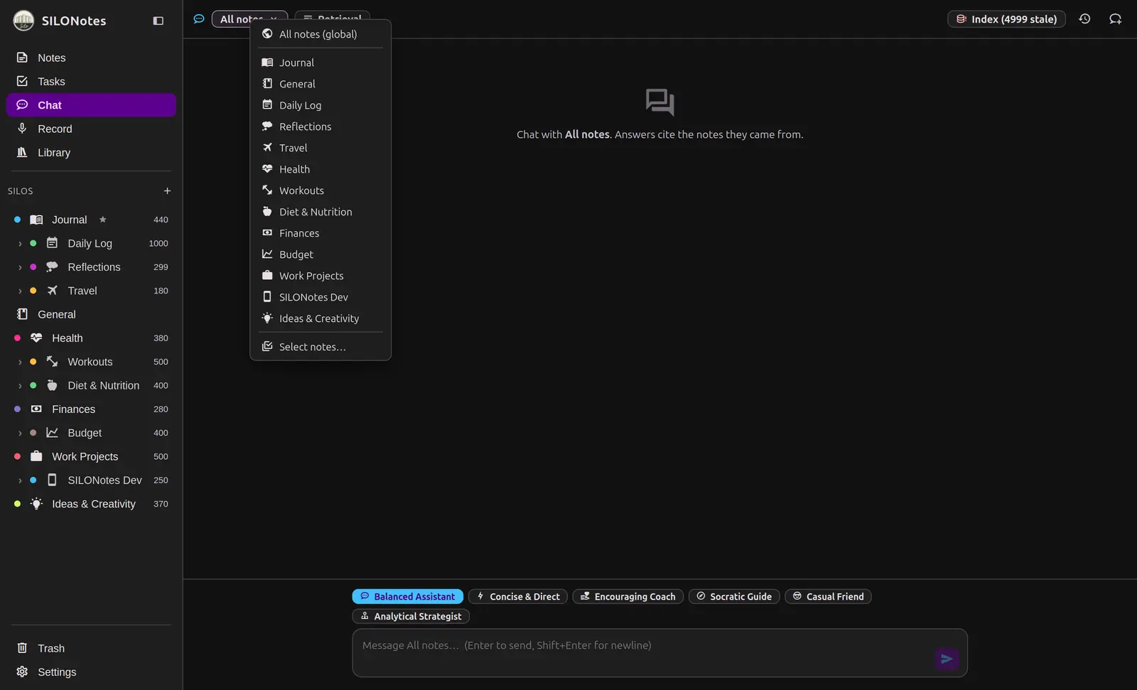 The chat scope menu listing all notes, each SILO, and select notes