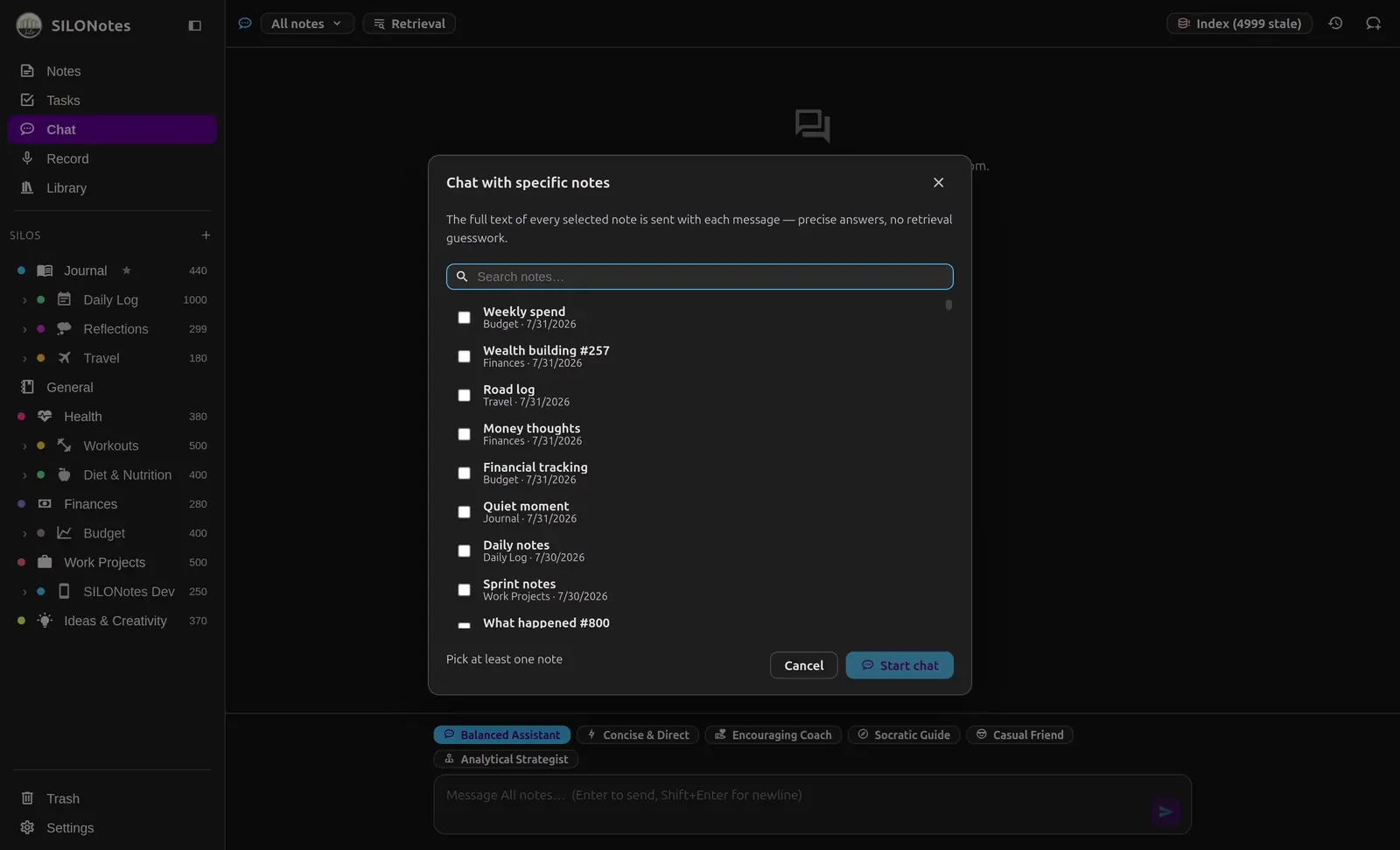 The note picker with checkboxes and a running token estimate