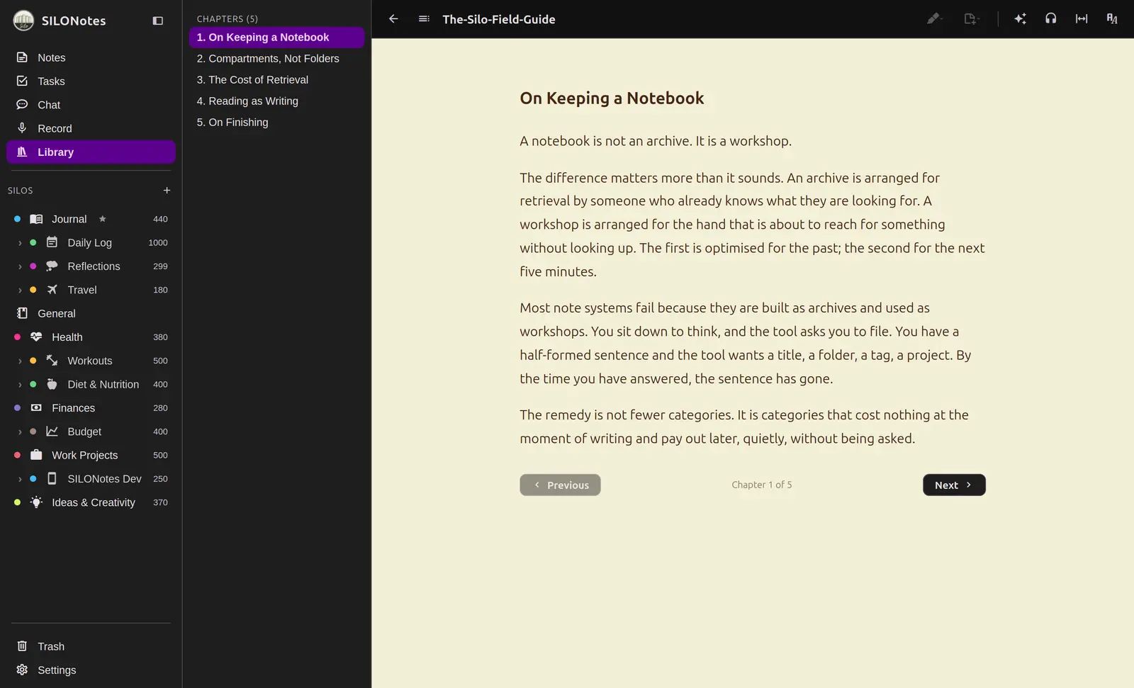 The reader showing a book chapter with the chapter list on the left