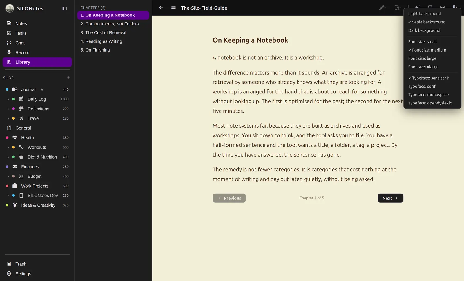 The reader theme menu showing background, size and typeface options