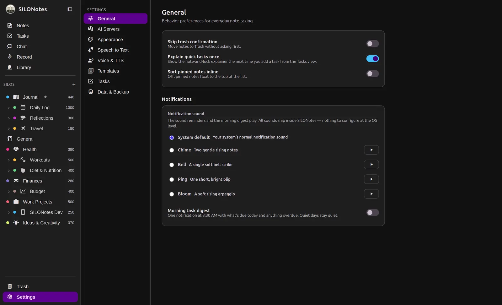 General settings on the desktop