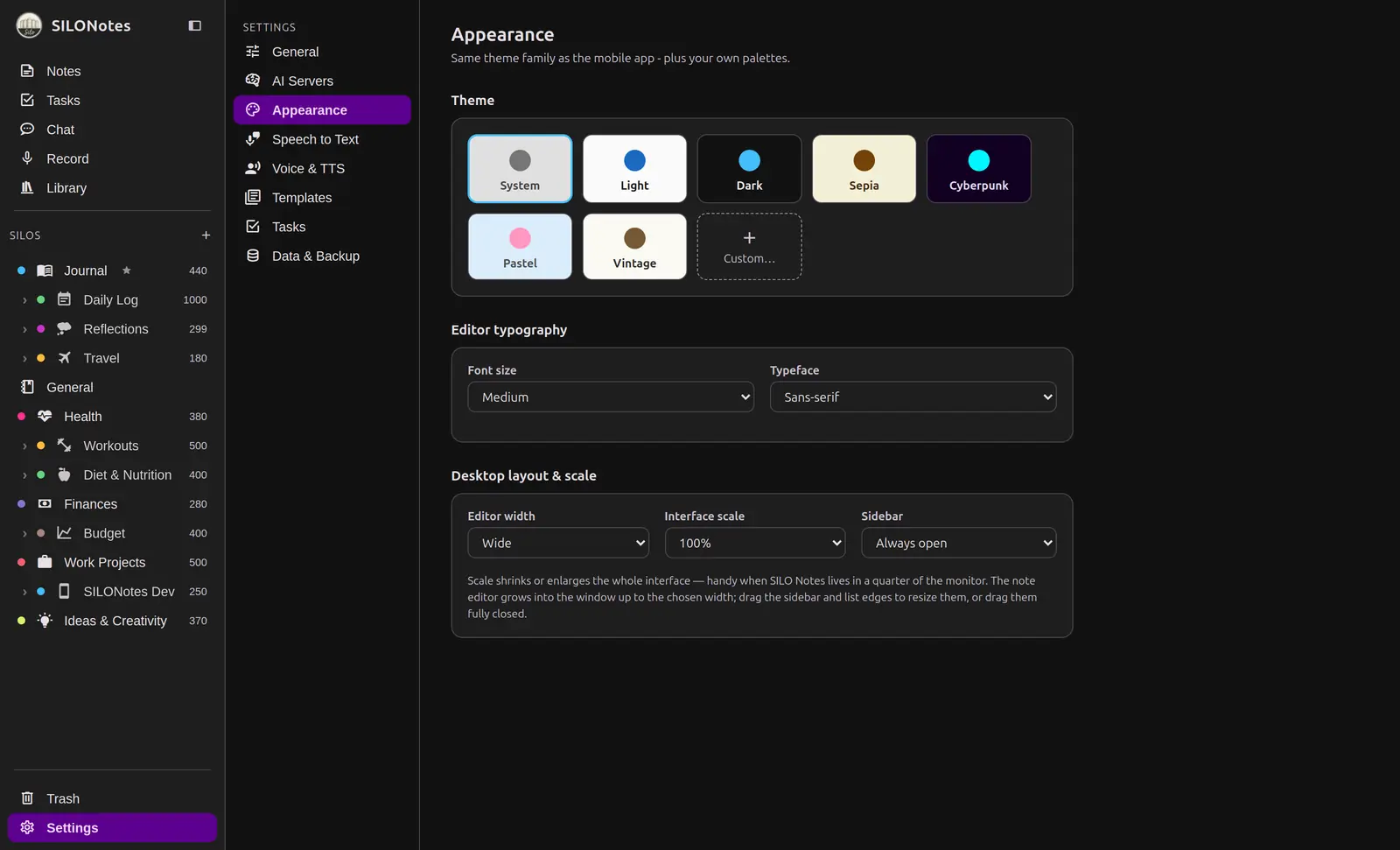 The Appearance settings screen showing theme swatches and typography controls