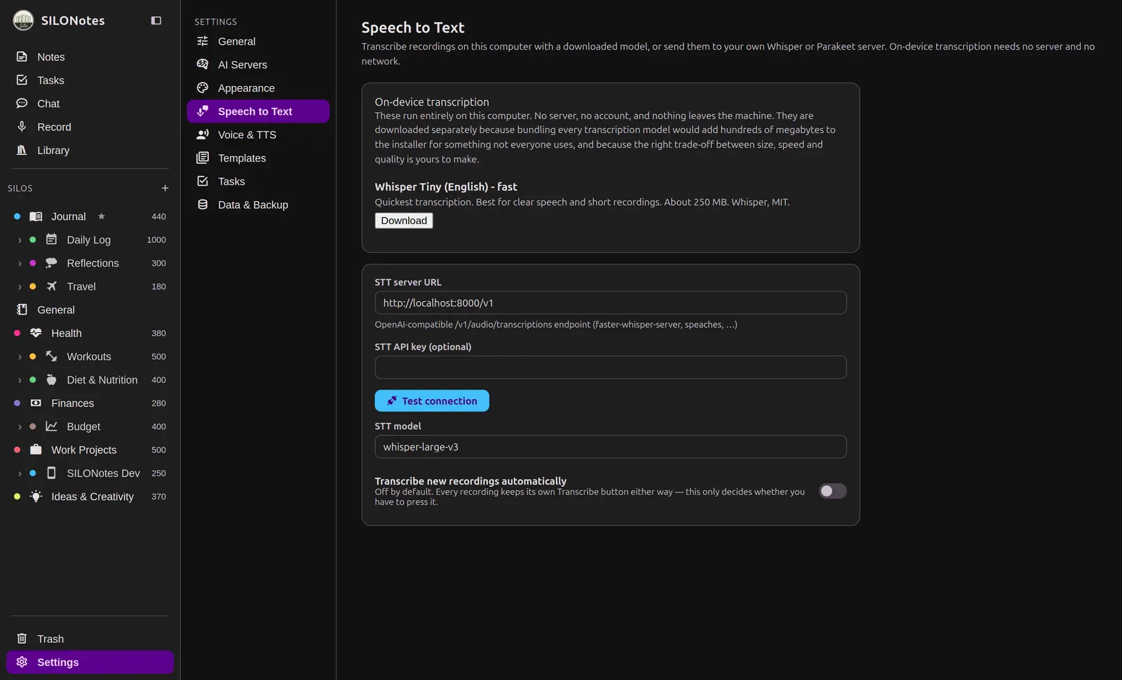 The Speech to Text settings screen on the desktop