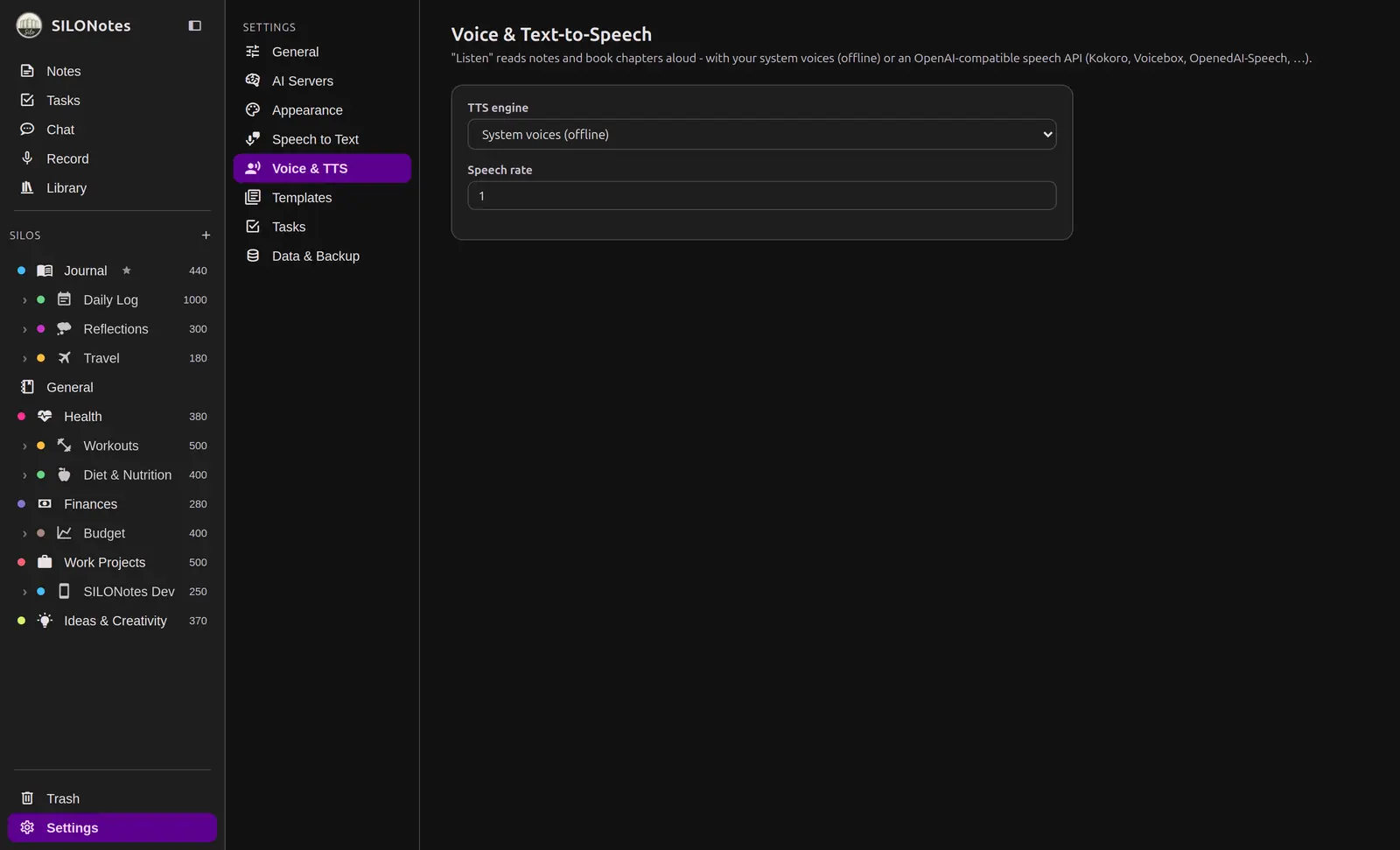 The Voice and TTS settings screen on the desktop
