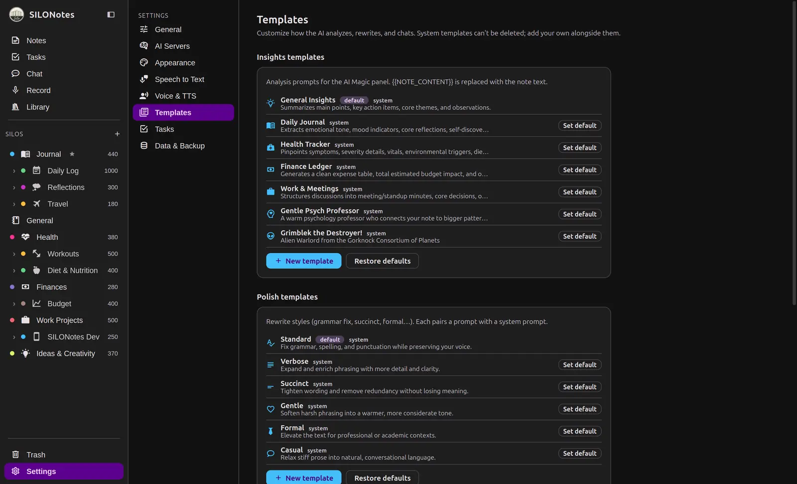 The AI templates settings screen