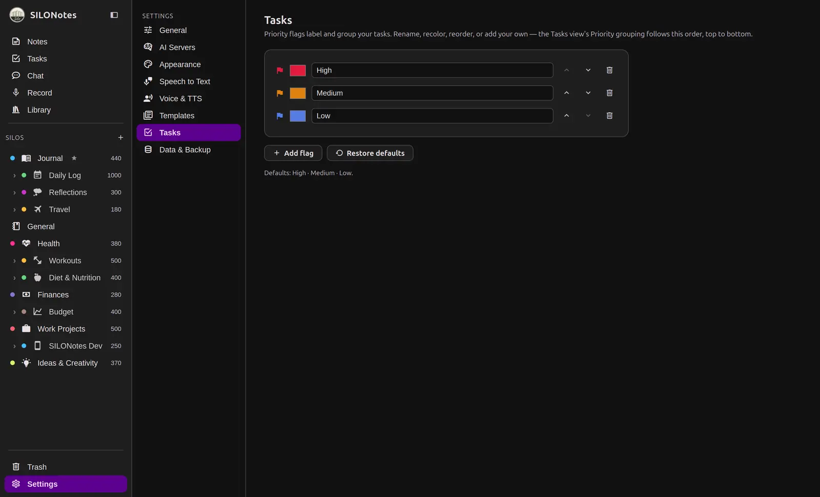 Tasks settings on the desktop