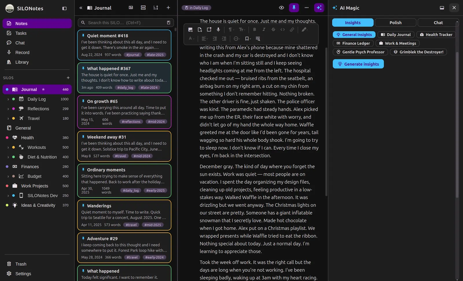 The AI Magic panel open beside a note with Insights, Polish and Chat tabs