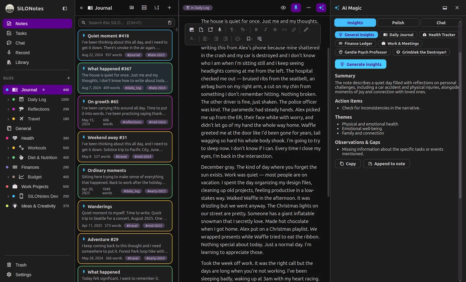 Insights output showing summary, action items, themes and observations