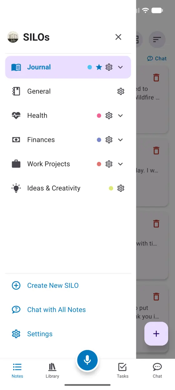 The SILO drawer open on Android