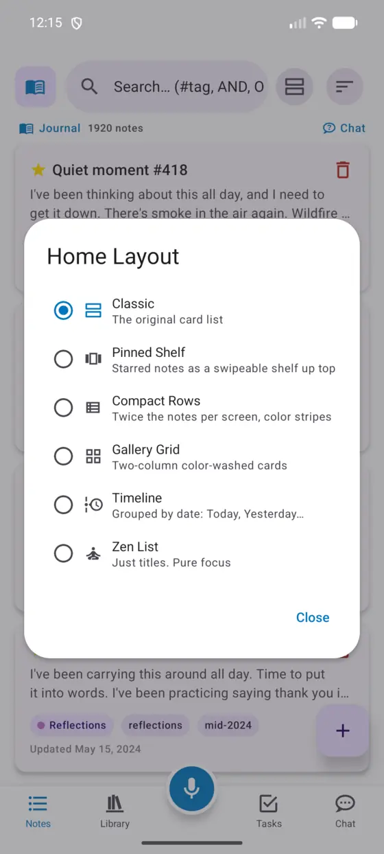 The Home Layout picker on Android