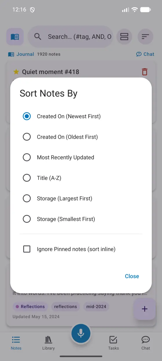 The Sort Notes By dialog on Android