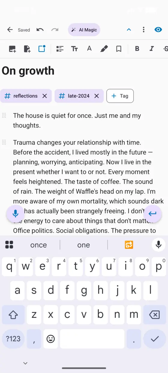 The mobile formatting toolbar open above the keyboard