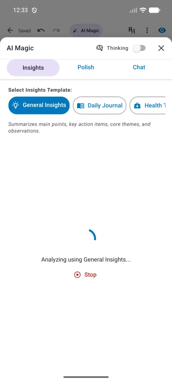 Insights running on Android with a Stop button