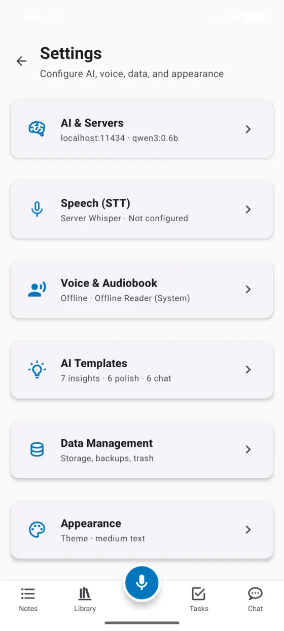 The settings hub on Android