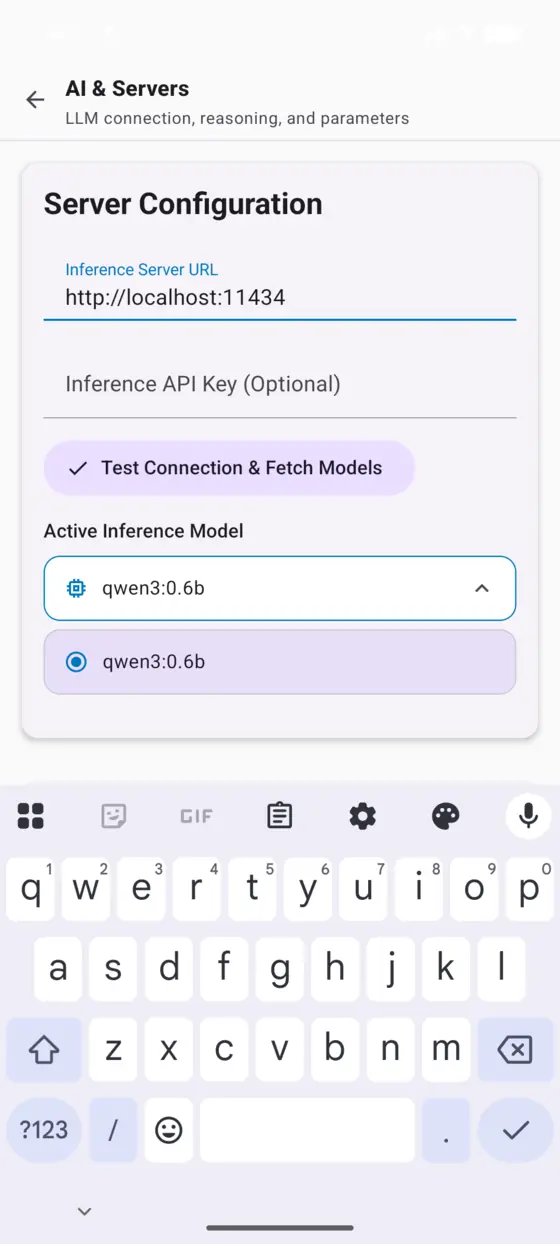 AI settings on Android with a server URL and an active model